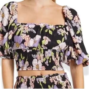 Revolve AFRM Black Floral Puff Sleeve Crop Top